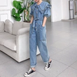 Тонкий комбинезон, штаны, оверсайз, коллекция 2023, рукава фонарики, по фигуре, свободный крой, высокая талия