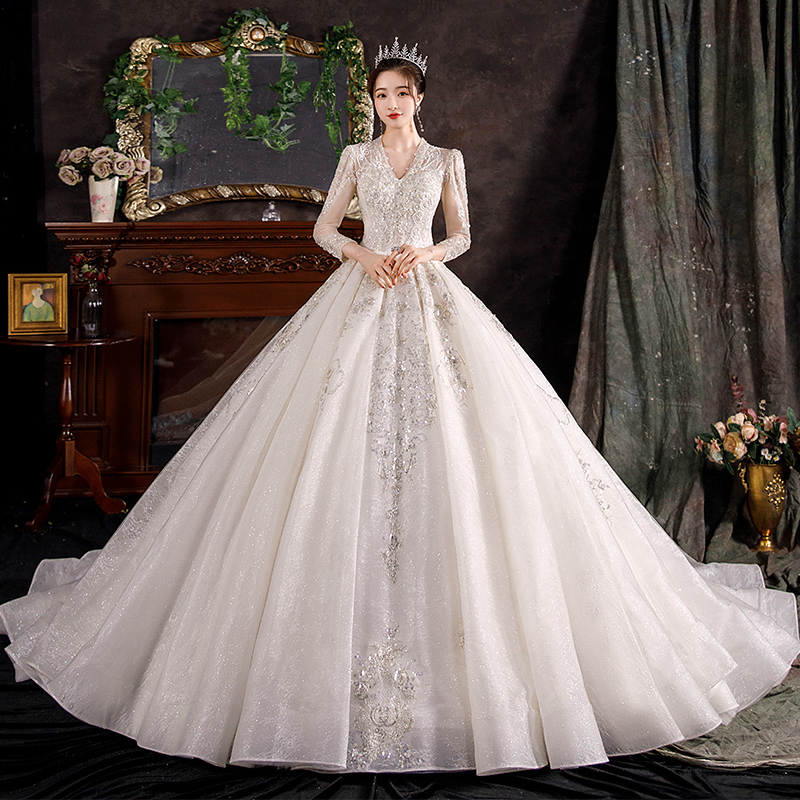 Long -sleeved wedding dress 2022 new summer court style heavy work -style main wedding dress high -level sense luxury big tail is thin Long -sleeved wedding dress 2022 new summer court style heavy work -style main wedding dress high -level sense luxury big tail is thin