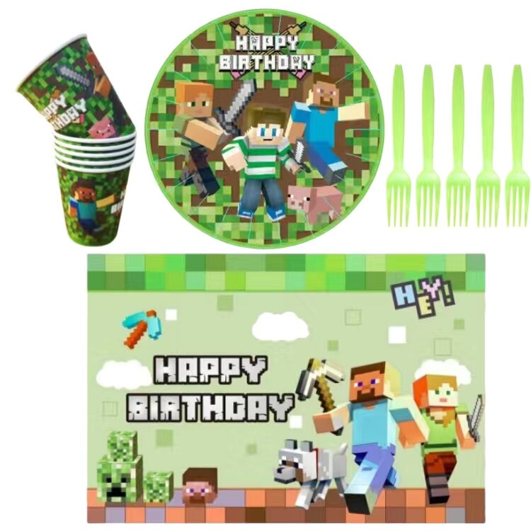 Minecraft Themed Birthday Party Decorations for Boys, Children's Restaurant Dessert Table Decorations, Paper Cups, Paper Plates, Tablecloths