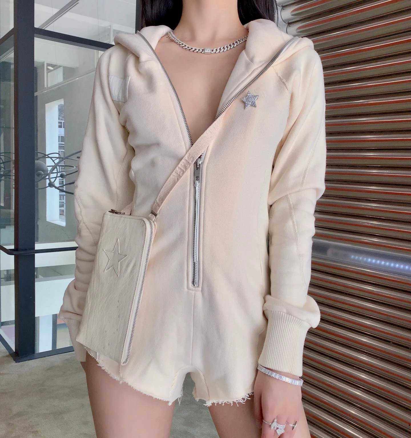 (Official Direct Mail) SMFK Ivory Silver Gray Cotton Heartbreak Hoodie Jumpsuit