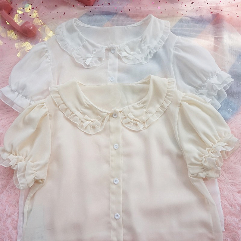 Japanese Lolita Transparent Inner Layer with Bow, Cute Soft Girl Top, Doll Collar, Student Lightweight Base Short-Sleeve Shirt