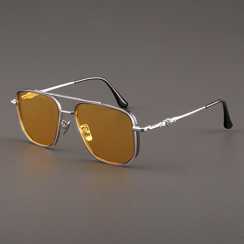 Japanese Titanium Alloy Sunglasses for Men, Lightweight Double-Bridge Aviator Style, Polarized Night Vision Yellow Sunglasses for Women