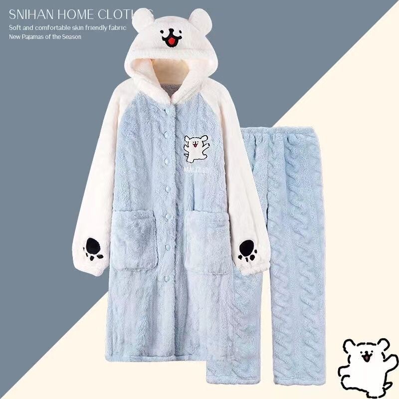Line Drawing Puppy Couple Nightgown for Women, Winter Coral Fleece, Thickened for Warmth, Suitable for Wearing Outside in Cold Winter, Loungewear for Women