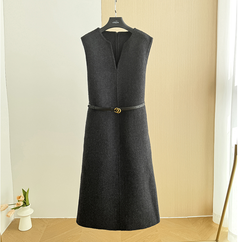 All-Wool Vest, Double-Sided Cashmere Coat, Women's Mid-Length V Neck Sleeveless Vest, Pullover Dress, Woolen Coat