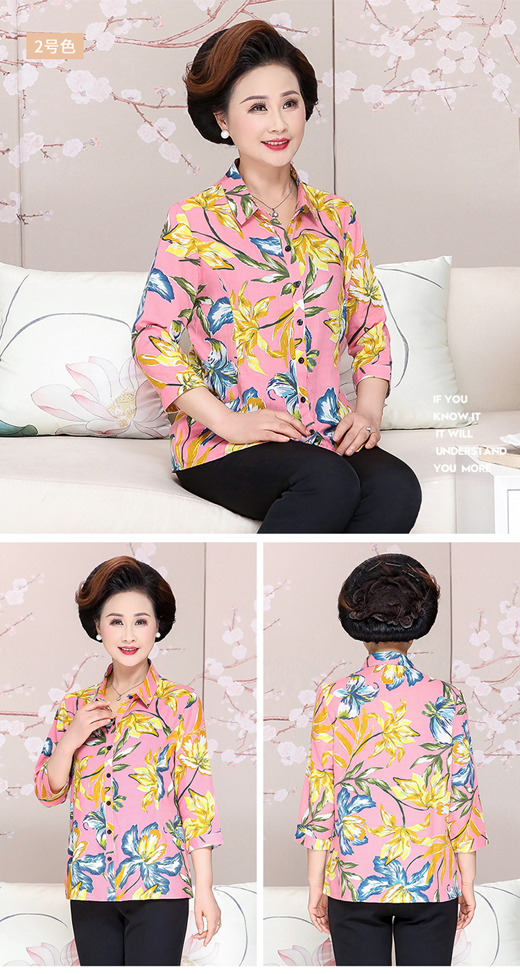 Bà mặc áo sơ mi cotton và vải lanh mùa hè tay áo bảy điểm cho phụ nữ trung niên mùa xuân và áo khoác mùa thu mẹ tải quần áo cũ - Áo sơ mi áo sơ mi form rộng nữ