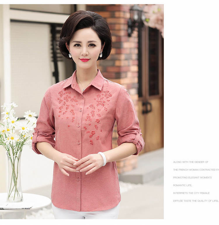 Áo sơ mi nữ trung niên mùa xuân và mùa thu cotton dài tay thêu áo nữ trung niên kích thước lớn áo sơ mi nữ mới - Cộng với kích thước quần áo quần áo bộ thu đông nữ đẹp