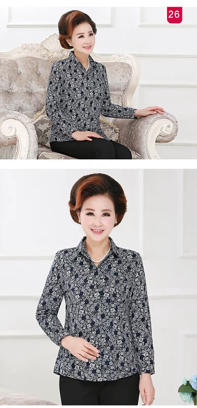Áo sơ mi nữ trung niên Áo cotton dài tay cho mẹ tải cotton cho phụ nữ mùa thu Phụ nữ trung niên 50 tuổi