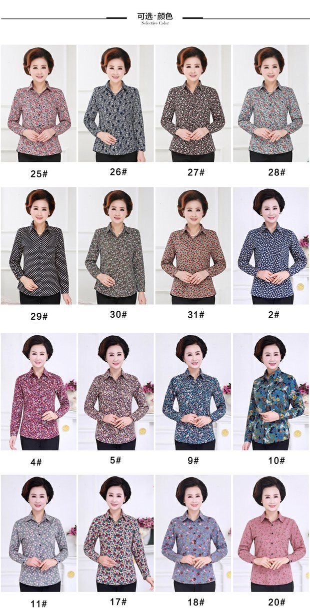 Áo sơ mi nữ trung niên Áo cotton dài tay cho mẹ tải cotton cho phụ nữ mùa thu Phụ nữ trung niên 50 tuổi áo kiểu trung niên 2020