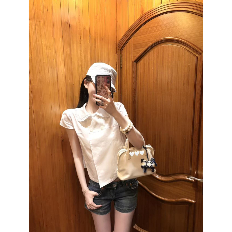Chendafei White Doll Collar Blouse for Women, French-Style Pleated Ruffle Short-Sleeve Shirt Top