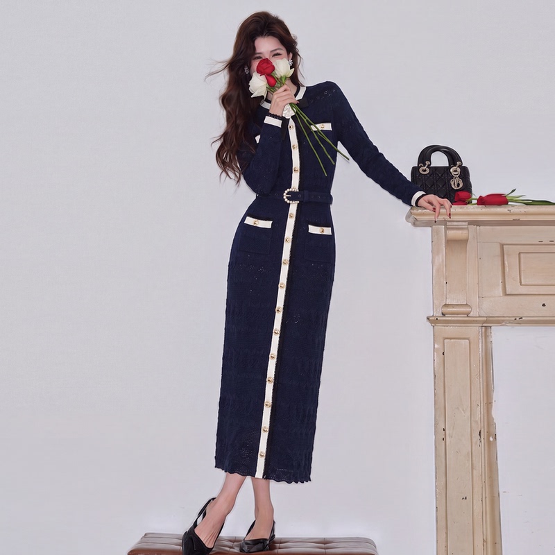 Org10O% Cotton Navy Blue French High-Waisted Cinched Waist Single-Breasted Bow Brooch Bodycon Long-Sleeve Dress