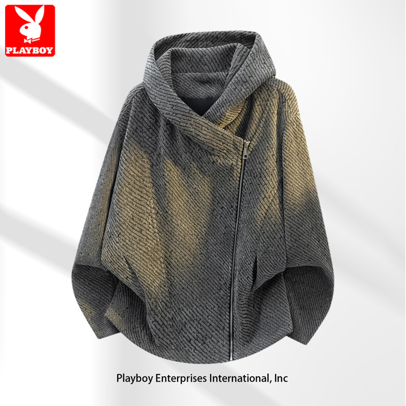 Playboy Hooded Jacket for Men, Autumn American-Style Silhouette Deconstructed Cardigan Sweatshirt, High Street Cool Zipper Jacket