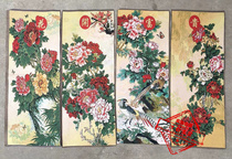 Antique Tangka painting four-screen embroidery painting Silk weaving splendid Su embroidery flower bird Peony Picture blooming rich