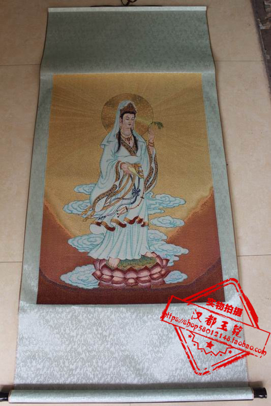  Tibet Tangka Hung Painting Brocade Embroidery Painting Tangka Embroidery Middle Hall Paintings of Guanyin portraits Buddhist statues