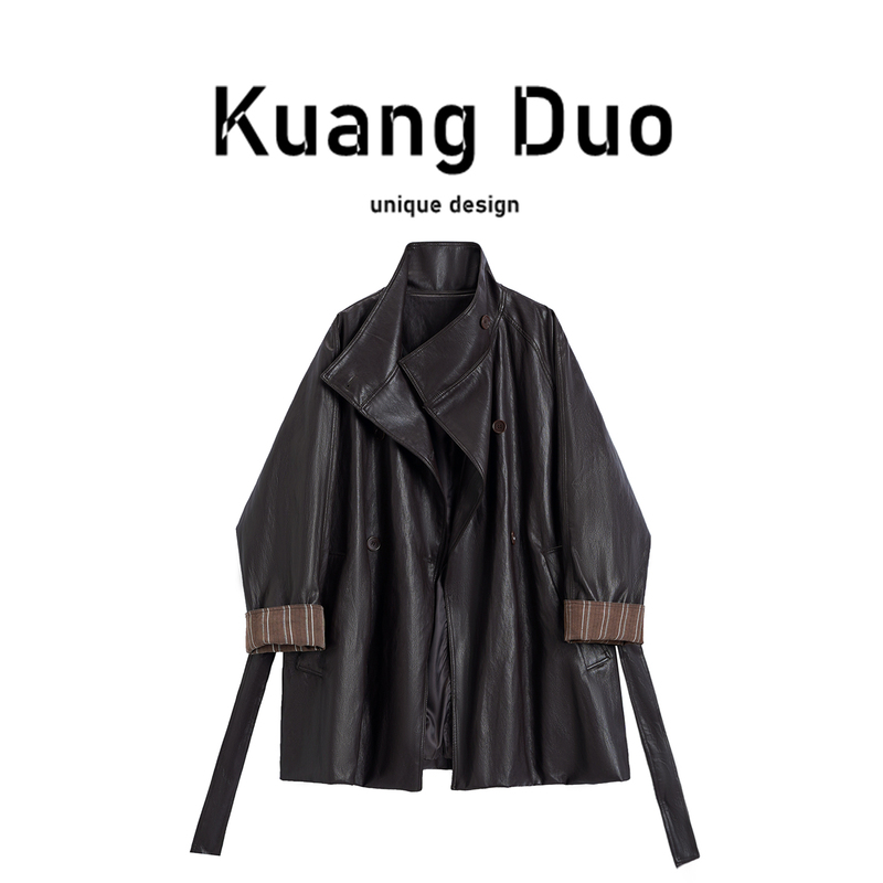 High-End Coffee-Colored Mid-Length Leather Jacket for Women, 2026 Spring and Autumn New Style, Double-Breasted Stand Collar, Belted Silhouette Coat, Elegant High-End Coffee-Colored Mid-Length Leather Jacket for Women, 2026 Spring and Autumn New Style, Double-Breasted Stand Collar, Belted Silhouette Coat, Elegant
