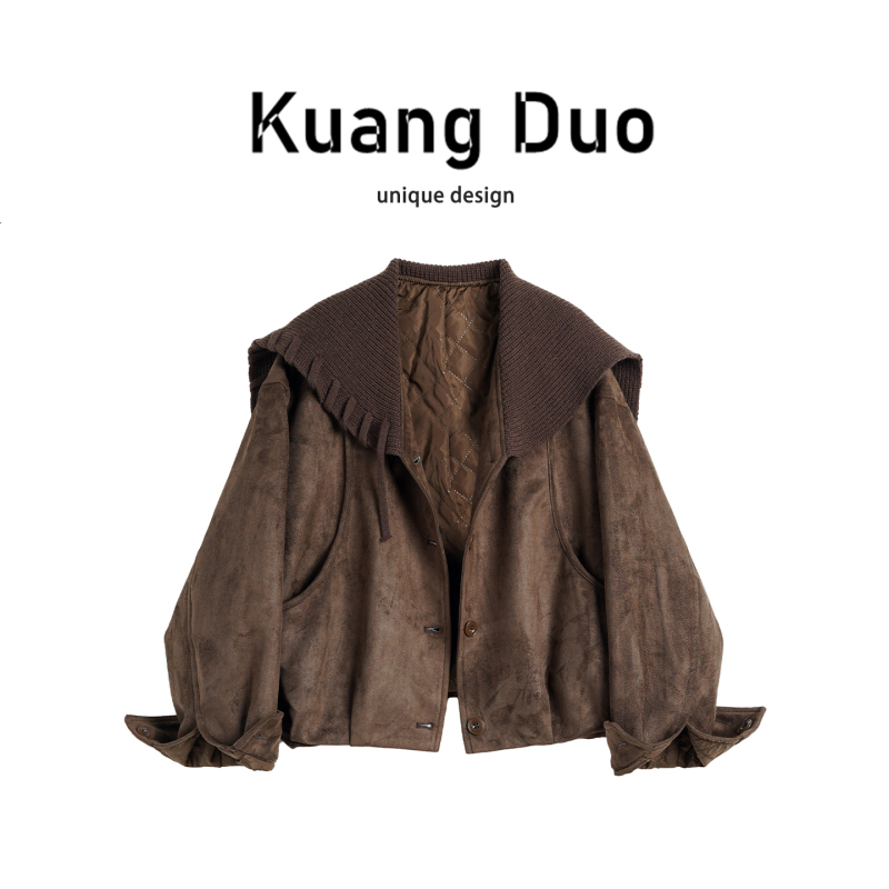 Kuangduo Korean Style Suede and Cotton Knitted Patchwork Collar Jacket for Women 2026 Spring and Autumn New Short Jacket