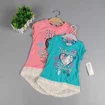 1-2 years old baby girl irregular T-shirt girl hollow lace splicing short sleeve dovetail print sweatshirt 3E2