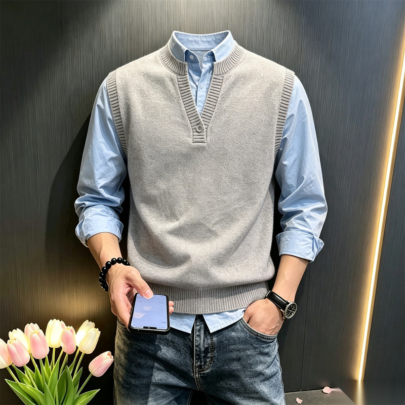 Old Money Style Solid Color V-Neck Knitted Vest for Men, Autumn Light Mature High-End Sleeveless Sweater Layered Vest Jacket Old Money Style Solid Color V-Neck Knitted Vest for Men, Autumn Light Mature High-End Sleeveless Sweater Layered Vest Jacket