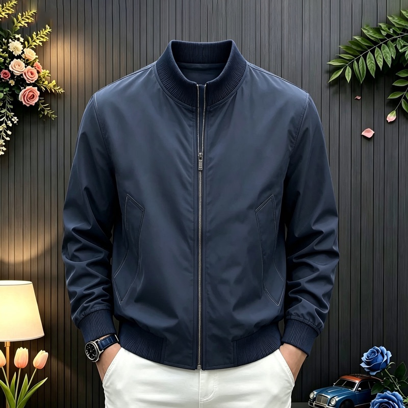 American-Style Navy Blue Windproof Bomber Jacket for Men, Autumn Loose Short Baseball Jacket with Regular Shoulders, Trendy
