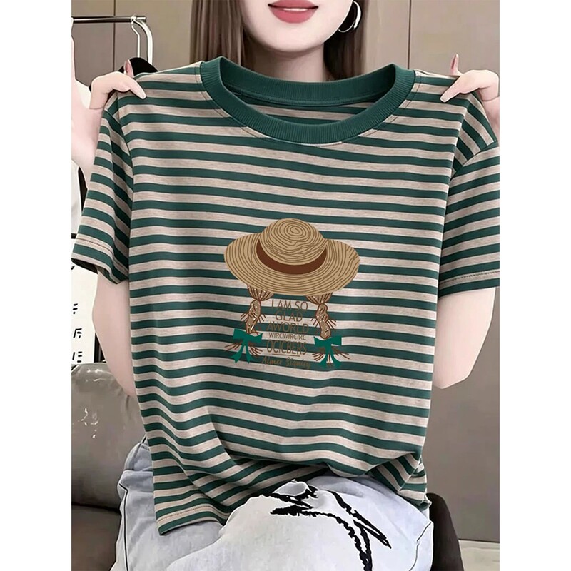 150kg Plus Size Women's Clothing 2026 Summer Round Neck Color-Block Striped Short-Sleeve T-Shirt for Plus-Size Women, Loose Fit, Slimming Effect, Color-Blocking Top