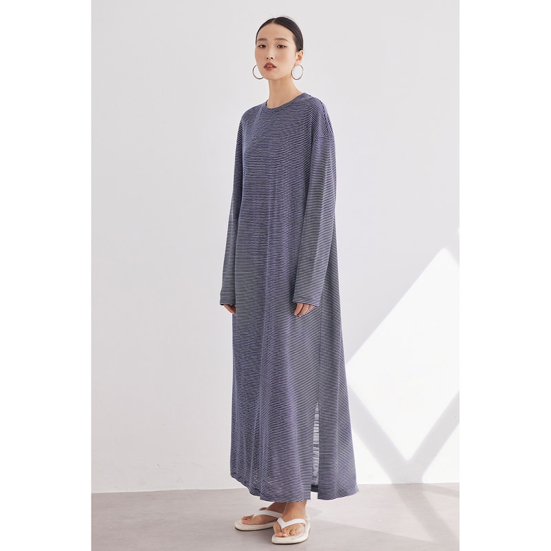 Cr【Easy to Care For】Striped Lazy Dress, Simple Dress, Women's Long-Sleeved Long Dress, Loose Fit, Suitable for Spring, Summer, and Autumn Cr【Easy to Care For】Striped Lazy Dress, Simple Dress, Women's Long-Sleeved Long Dress, Loose Fit, Suitable for Spring, Summer, and Autumn