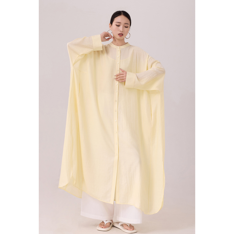 Bright Outfits for Early Spring ~ Windbreaker Cream Yellow Dress Long-Sleeved Women's Clothing Relaxed Super Loose Lazy Style Long Dress
