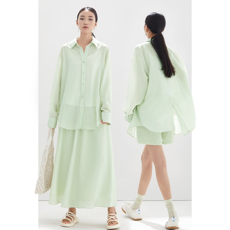 Cr Three-Piece Casual Suit Shirt Top Shorts Skirt Simple Comfortable Hope Green Relaxed Style Women's Clothing