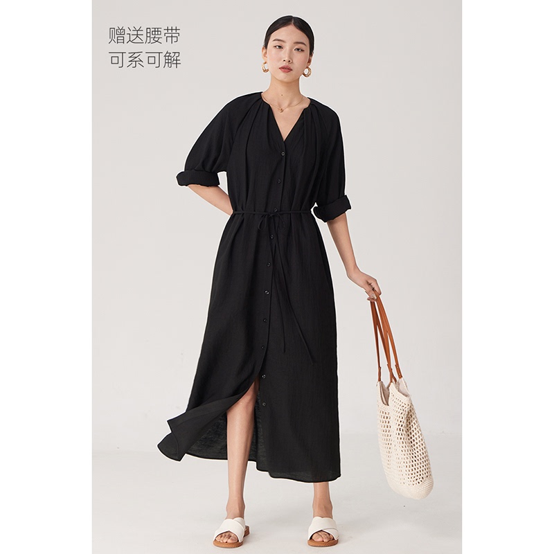 Dress with Black V-Neck Design, Long Skirt with Slit, Long Sleeves, Waist-Cinching, Slimming, French Chill Style Women's Clothing