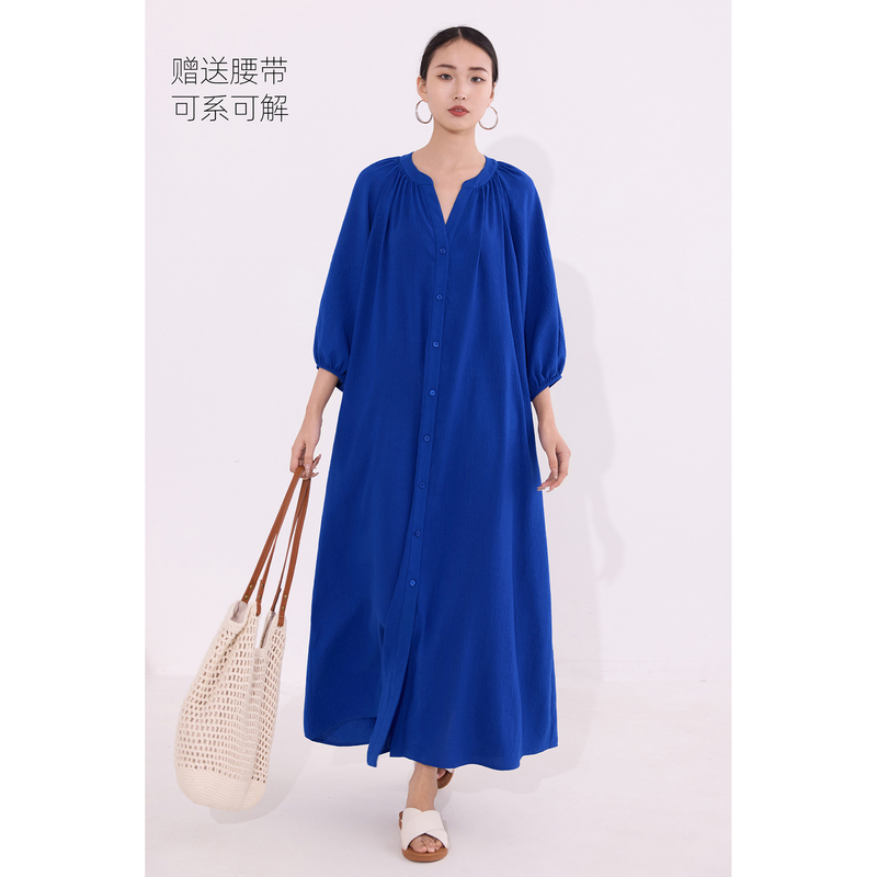 Beautiful and Elegant Little Blue V-Neck Dress for Women, Loose Lantern Sleeve Long Dress with a High-End and Relaxed Style
