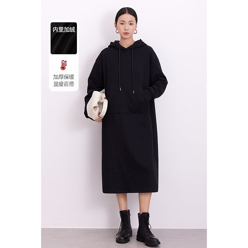 Hooded Fleece Sweatshirt Dress for Women, Long-Sleeved, Autumn and Winter, Sports Casual, Over-The-Knee, Long Style, Base Layer, Outerwear, Black Hooded Fleece Sweatshirt Dress for Women, Long-Sleeved, Autumn and Winter, Sports Casual, Over-The-Knee, Long Style, Base Layer, Outerwear, Black