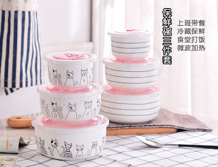 Hộp cơm trưa sáng tạo theo phong cách Nhật Bản ba món giữ tươi bát sứ bát mì ăn liền có nắp lò vi sóng - Hộp cơm điện sưởi ấm