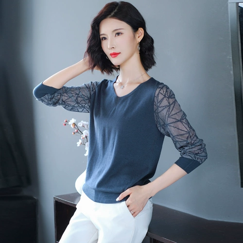 Лонгслив, осенняя тонкая кружевная трикотажная футболка для матери, V-образный вырез, коллекция 2022