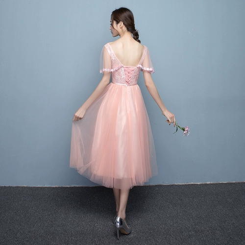 Длинное розовое платье подружки невесты, средней длины, 2020, осеннее, для подружки невесты, в корейском стиле
