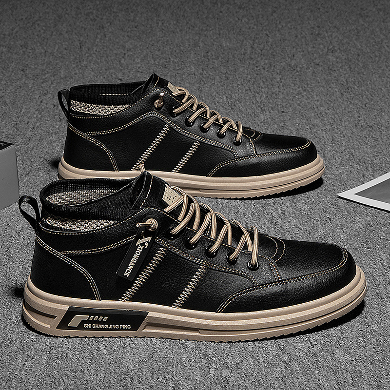 Men's shoes 2022 spring new casual leather shoes chef waterproof non-slip all black board shoes men's work labor insurance trendy shoes