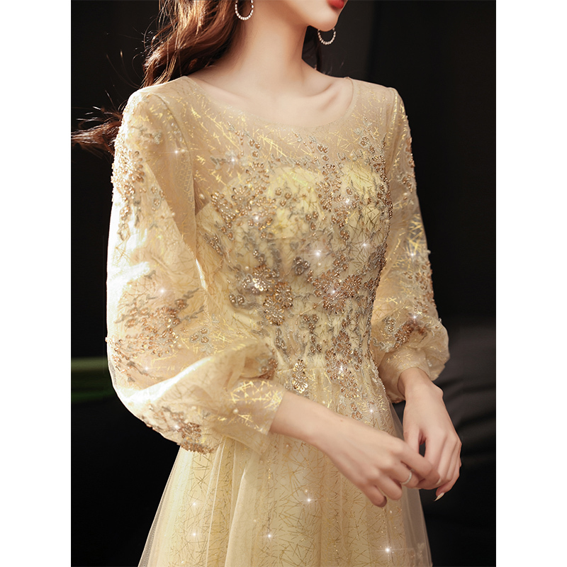 Champagne-Colored Evening Dress for Women, High-End, Spring/Summer, Long-Sleeved, Elaborate, Light Luxury, Niche, Annual Meeting Host Dress, Classy and Elegant