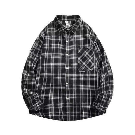 2025长袖衬衫男春秋新款宽松美式大码日系衬衣外套大码撞色口袋拼