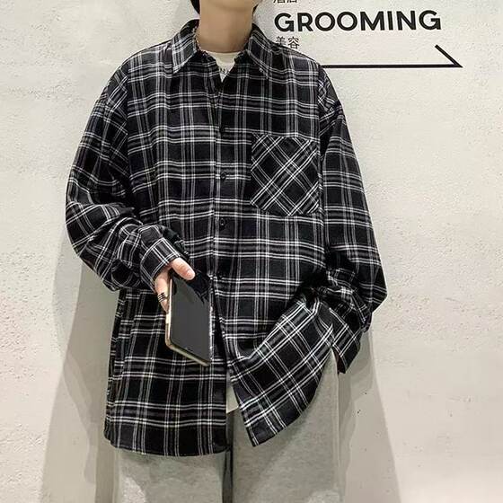 2025长袖衬衫男春秋新款宽松美式大码日系衬衣外套大码撞色口袋拼