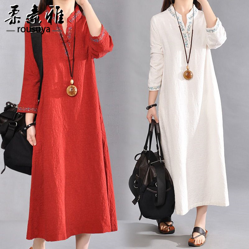 Ethnic Style Dress with Embroidery, New Spring and Autumn Women's Clothing, Retro Original Style, Long Dress with Loose Fit, Large Size Cotton and Linen Dress