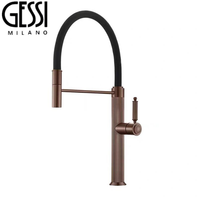 Italian Gessi Kitchen All-Copper Pull-Out Rotating Sink Cup Washer Island Faucet in Brushed Nickel and Rose Gold