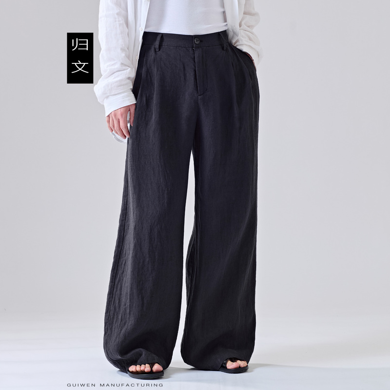 100% Pure Linen Wide-Leg Pants for Men, Black Loose Straight-Leg Pants, Old Money Style, Commuter Casual Pants, Breathable High-Waisted Dress Pants