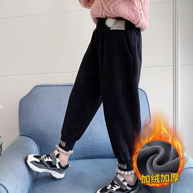 Girls plus fleece pants autumn winter outside wear winter clothes 2021 new children corduroy sports female big boy warm and thick
