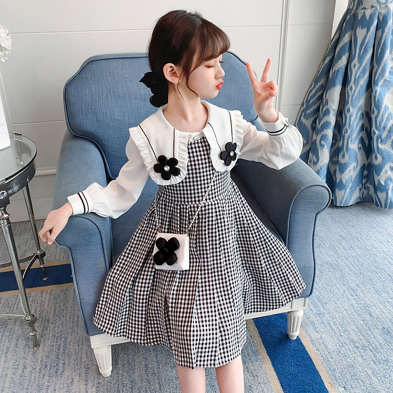 Girl Ocean Dress Spring Dress 2022 New Trendy Foreign Pie Girl Spring Autumn CUHK Kid Children's Sleeve Dress Two Sets