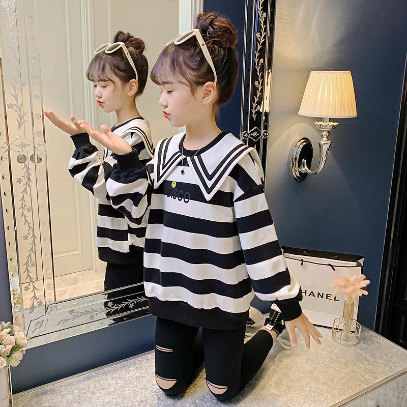 Girl's thick T-shirt 2022 New Yangist Spring Dress Girls Great Boy Academy Wind Striped Children Spring Autumn Nets Red Fried Street Clothes