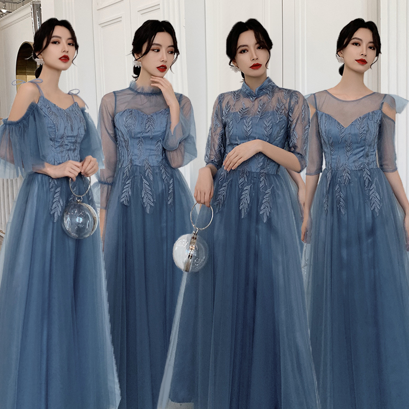 Blue bridesmaid dress 2021 new summer fairy quality art examination dress thin bridesmaid dress best friend sister group evening dress