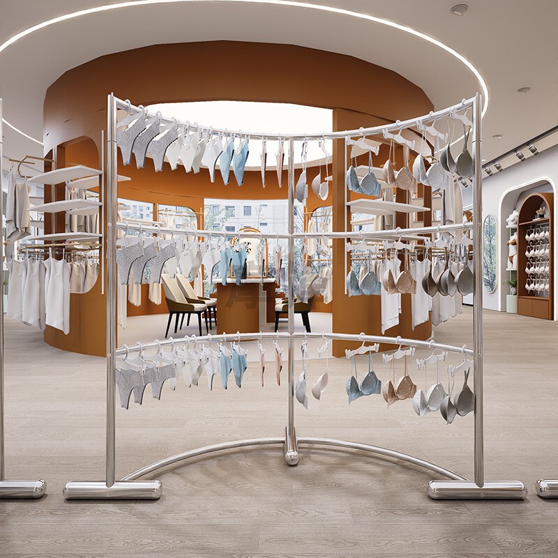 Stainless Steel Lingerie Display Rack, Multi-Layer Display Stand for Bra Stores, Arc-Shaped Island Shelf for Underwear and Stockings in Shopping Malls Stainless Steel Lingerie Display Rack, Multi-Layer Display Stand for Bra Stores, Arc-Shaped Island Shelf for Underwear and Stockings in Shopping Malls