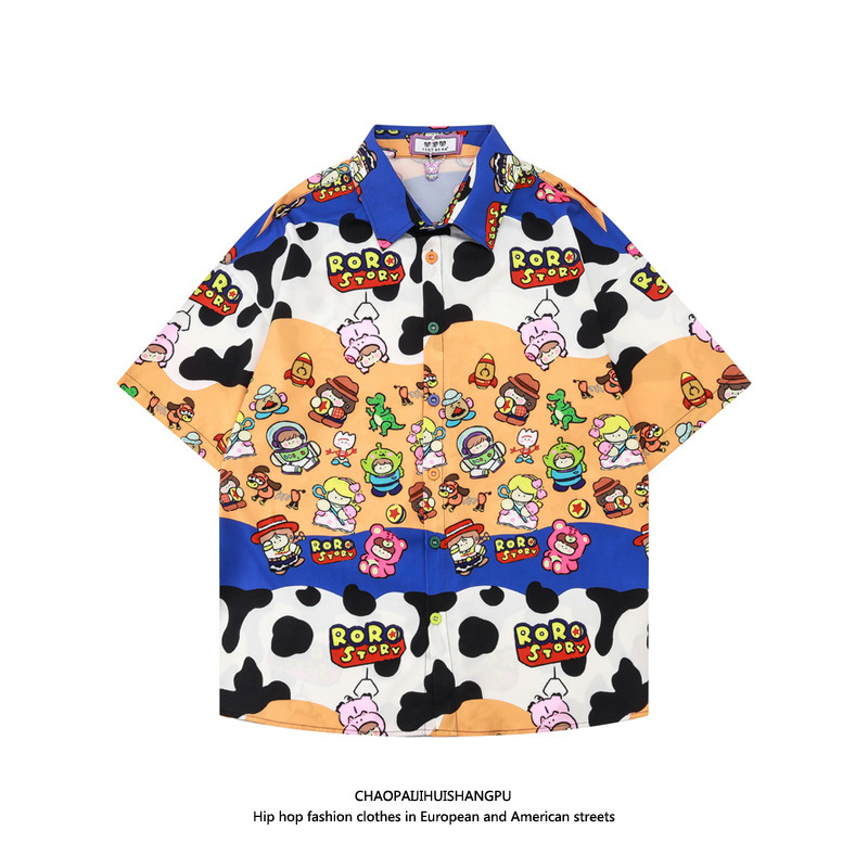 American Retro Cartoon Cow Toy Story Short-Sleeved Shirt for Men and Women Oversize Loose and Versatile Shirt for Summer