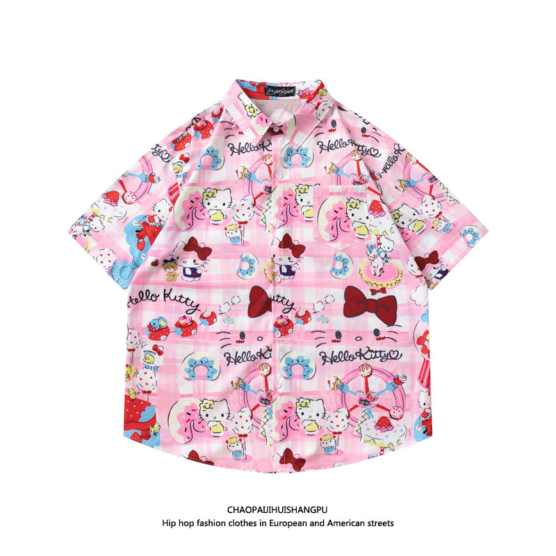 Japanese Retro Cartoon Anime Pink Cute Hello Kitty Short-Sleeve Shirt for Men and Women Ins Shirt Japanese Retro Cartoon Anime Pink Cute Hello Kitty Short-Sleeve Shirt for Men and Women Ins Shirt