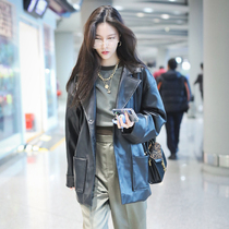 Star cc Song Yanfei airport same black big pocket suit leather leather women loose sheep jacket