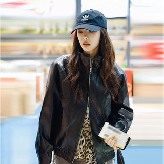 25 Spring Sun Qian and Cai Wenjing's Same Style Genuine Leather Jacket for Women, Black Loose Fit Full Vegetable-Tanned Sheepskin Short Jacket