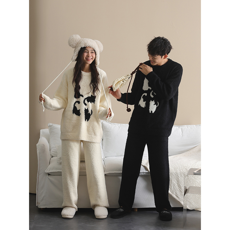 [Half Velvet] Couple Pajamas for Men and Women, Autumn and Winter Coral Fleece Thickened Warm Cartoon Cat Homewear Set