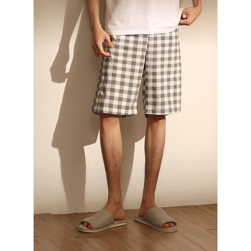 Single Sleeping Pants Men's Pure Cotton Shorts Summer Thin style Home Pants Loose Plaid Casual Shorts Extractable Full Cotton Home Pants